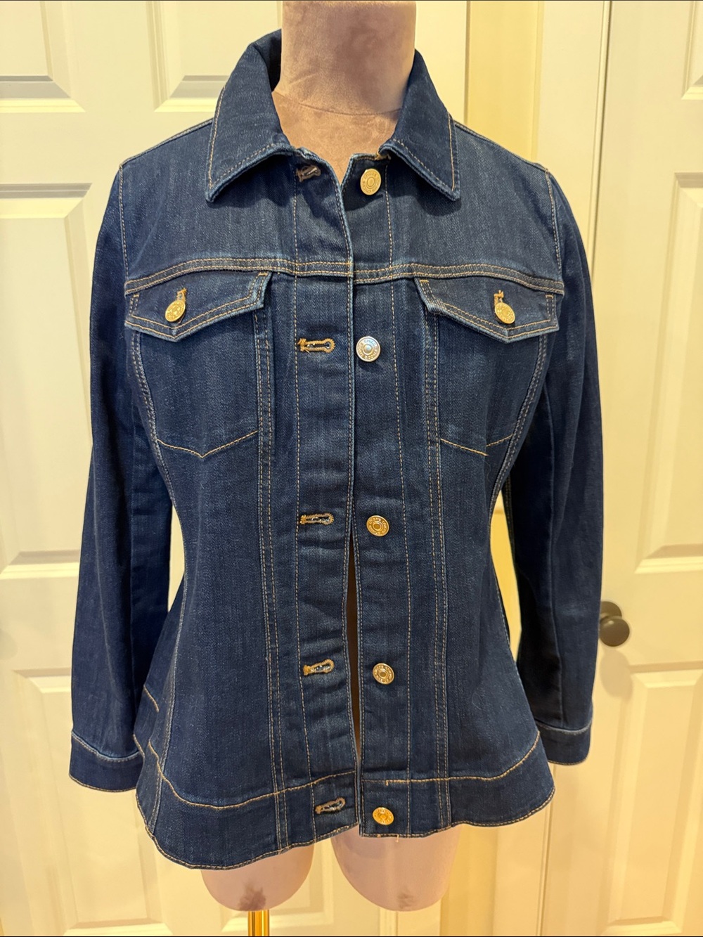 Chico's Dark Blue Denim Jacket with Gold-Tone Buttons